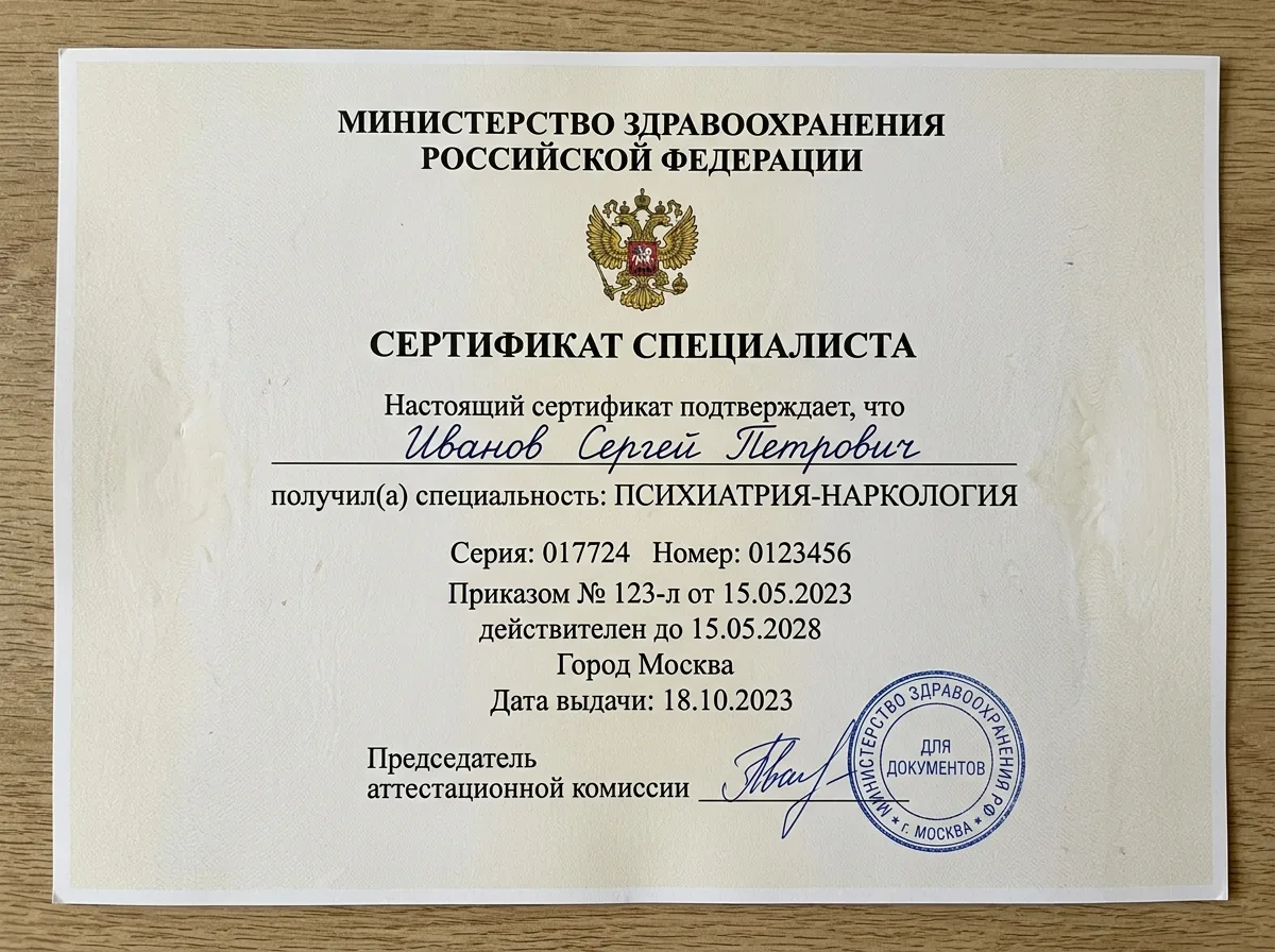 Скан сертификата специалиста по психиатрии-наркологии, официальный бланк Минздрава с подписью и печатью
