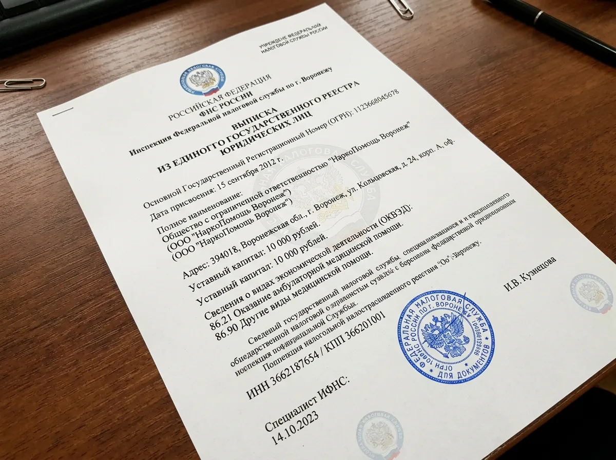 Выписка из ЕГРЮЛ ООО НаркоПомощь Воронеж, официальный документ налоговой службы ФНС, синяя печать